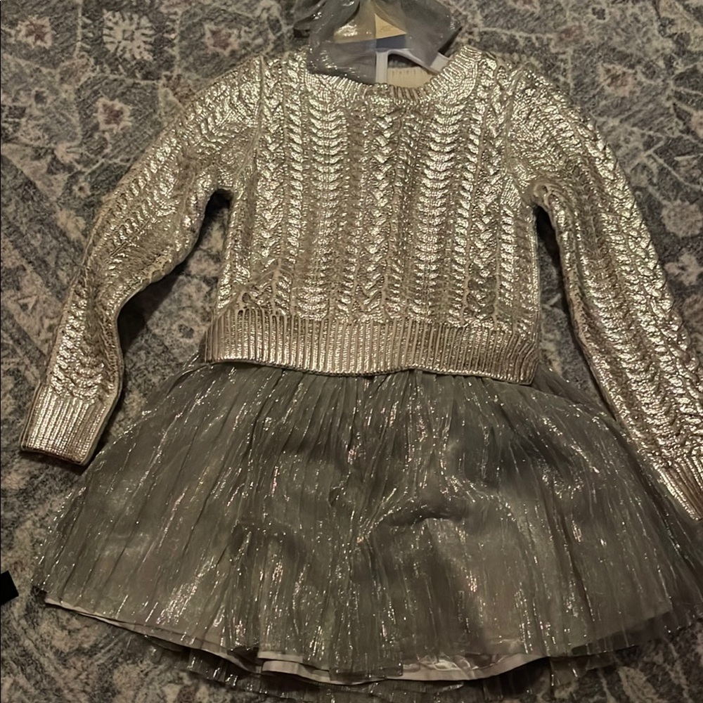 Silver Metallic Sweater and Skirt Set